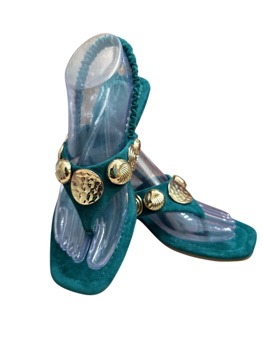 Teal Suede Thong Sandals with Gold Accents